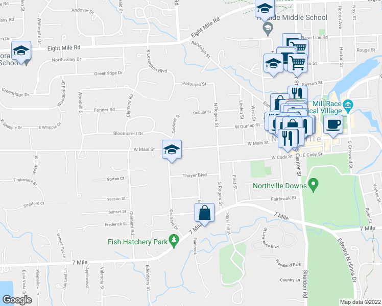 map of restaurants, bars, coffee shops, grocery stores, and more near 661 West Main Street in Northville