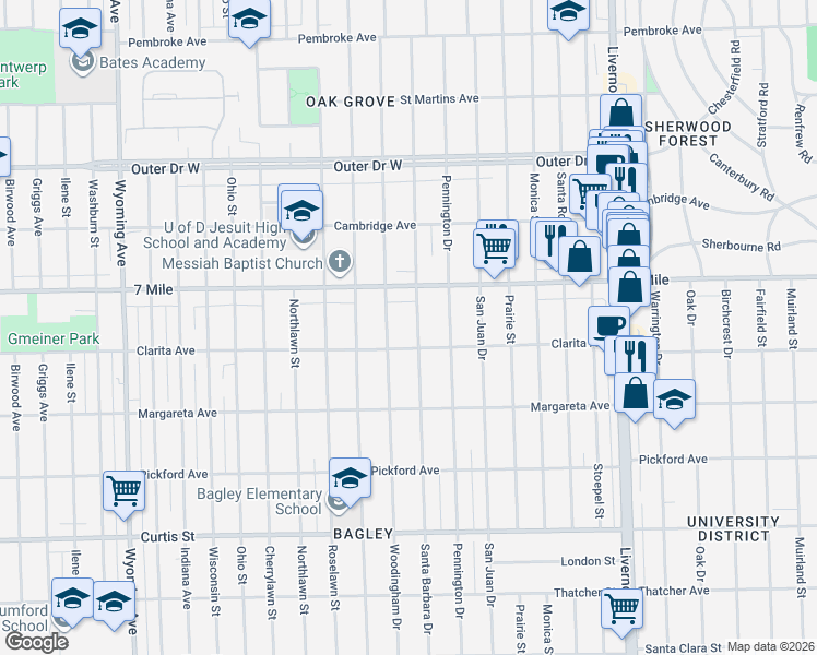 map of restaurants, bars, coffee shops, grocery stores, and more near 18961 Santa Barbara Drive in Detroit