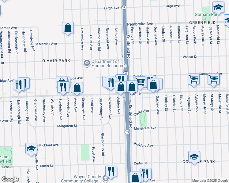 map of restaurants, bars, coffee shops, grocery stores, and more near in Detroit