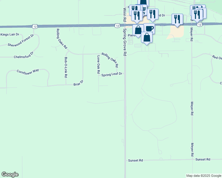 map of restaurants, bars, coffee shops, grocery stores, and more near 2703 Rondi Court in Spring Grove
