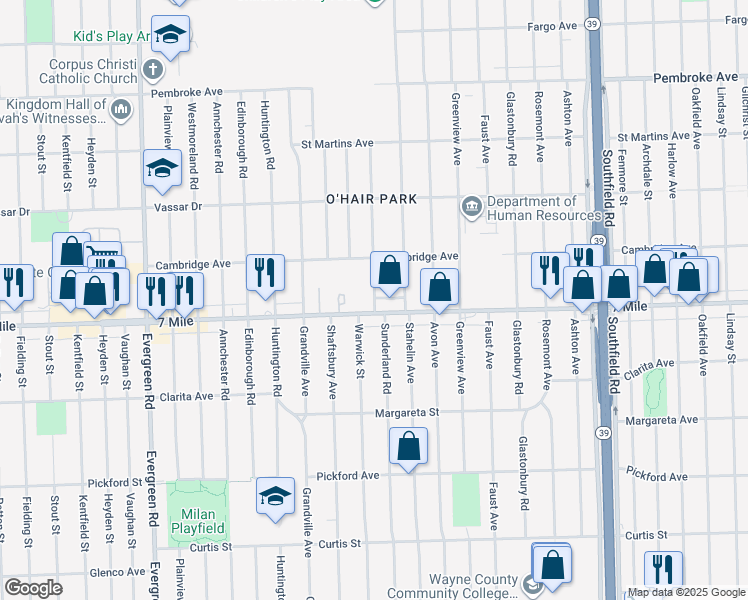 map of restaurants, bars, coffee shops, grocery stores, and more near 19101 Sunderland Road in Detroit