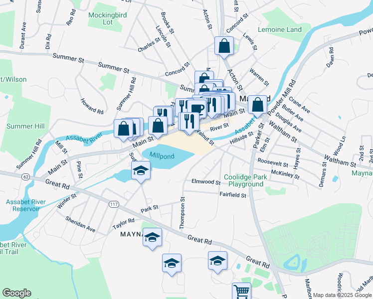 map of restaurants, bars, coffee shops, grocery stores, and more near in Maynard