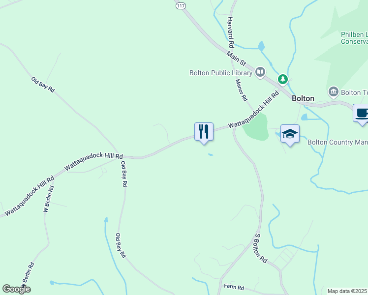 map of restaurants, bars, coffee shops, grocery stores, and more near 116 Wattaquadock Hill Road in Bolton