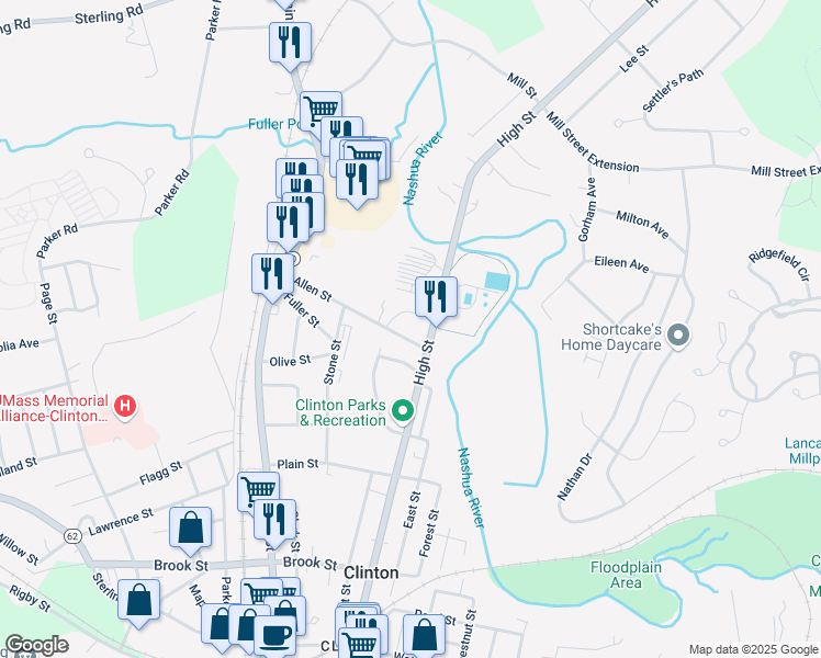 map of restaurants, bars, coffee shops, grocery stores, and more near 656 Massachusetts 110 in Clinton