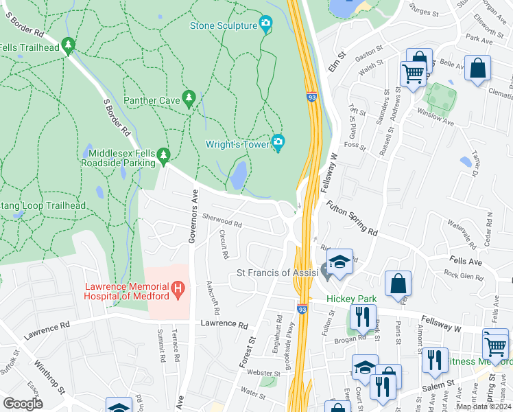 map of restaurants, bars, coffee shops, grocery stores, and more near 52 South Border Road in Medford
