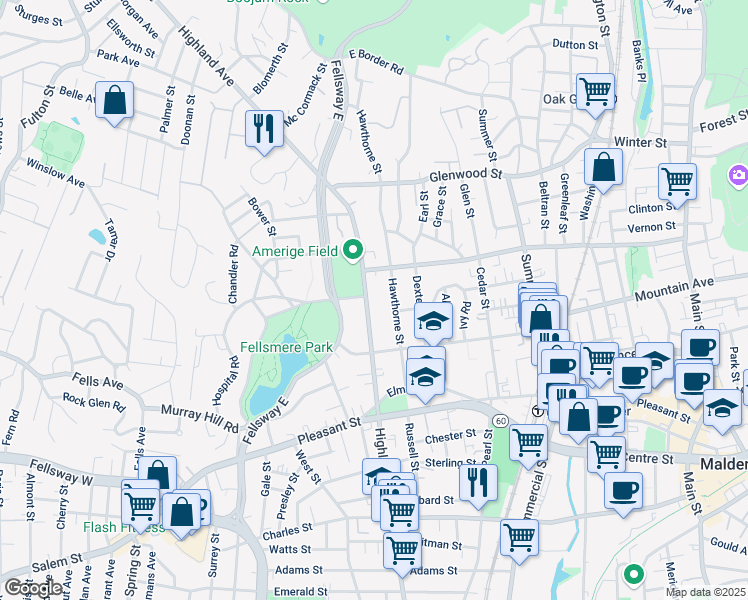 map of restaurants, bars, coffee shops, grocery stores, and more near 530 Highland Avenue in Malden