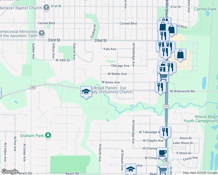 map of restaurants, bars, coffee shops, grocery stores, and more near 10436 West Wadsworth Road in Beach Park