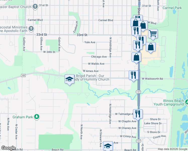 map of restaurants, bars, coffee shops, grocery stores, and more near 10436 West Wadsworth Road in Beach Park