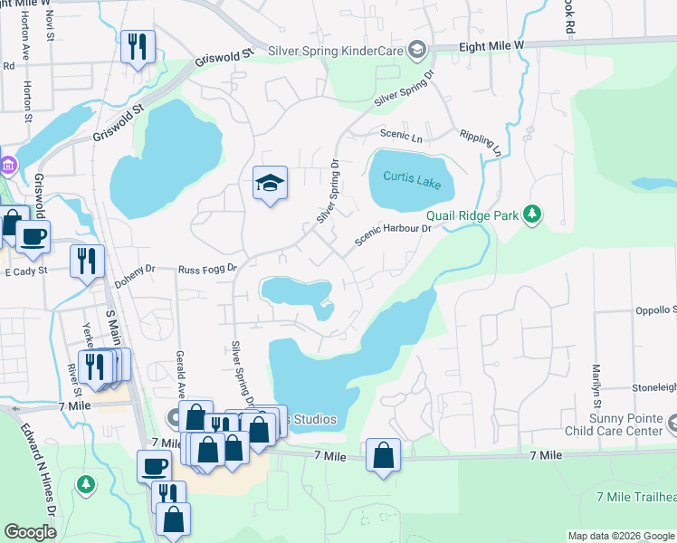 map of restaurants, bars, coffee shops, grocery stores, and more near 19651 Neptune Court in Northville