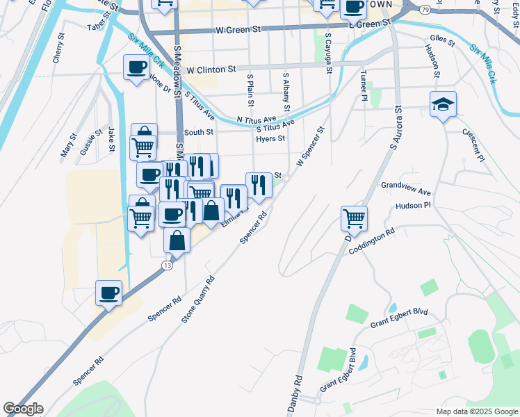 map of restaurants, bars, coffee shops, grocery stores, and more near 205 Elmira Road in Ithaca
