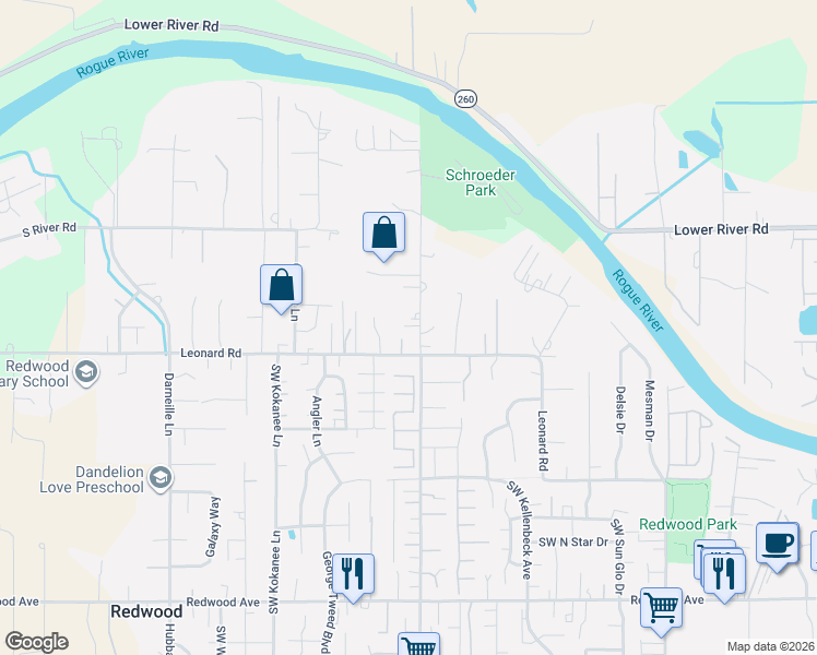 map of restaurants, bars, coffee shops, grocery stores, and more near 950 Schroeder Lane in Grants Pass