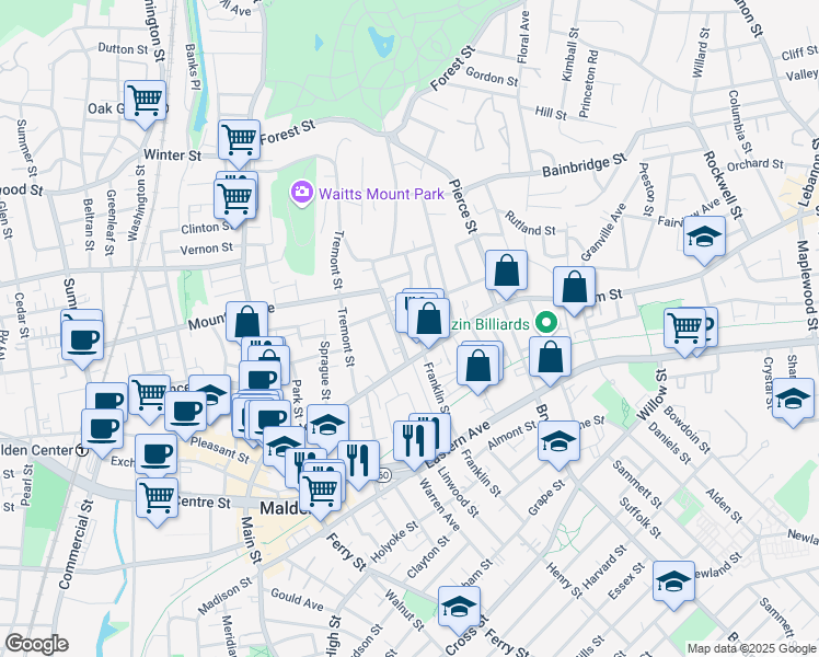 map of restaurants, bars, coffee shops, grocery stores, and more near 23-25 Wolcott Street in Malden