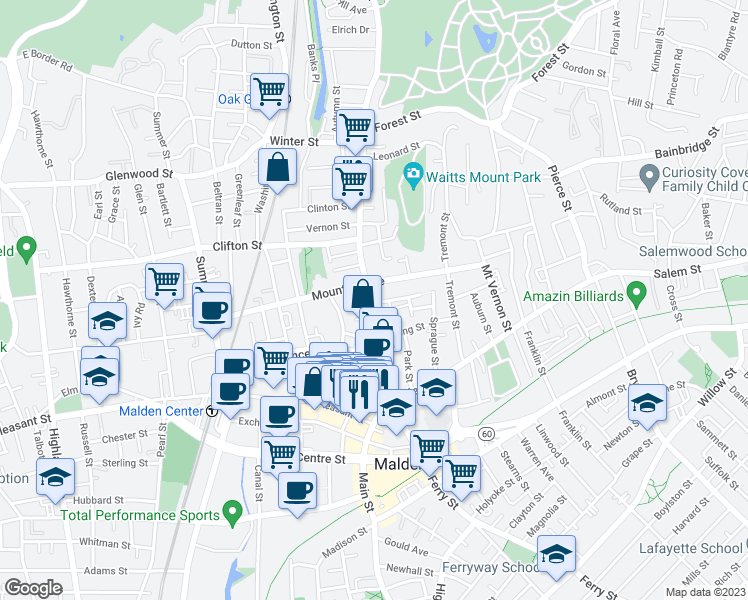 map of restaurants, bars, coffee shops, grocery stores, and more near 12 Concord Street in Malden