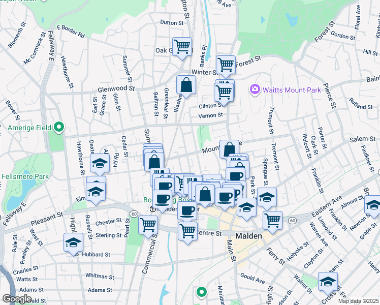 map of restaurants, bars, coffee shops, grocery stores, and more near 11 Washington Place in Malden