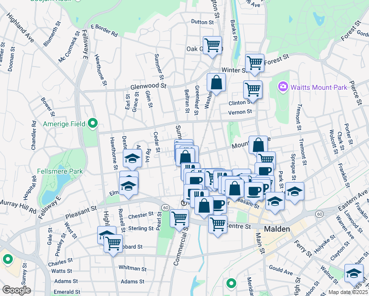 map of restaurants, bars, coffee shops, grocery stores, and more near 110 Summer Street in Malden