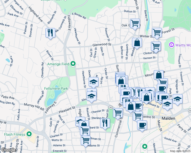 map of restaurants, bars, coffee shops, grocery stores, and more near 81 Dexter Street in Malden