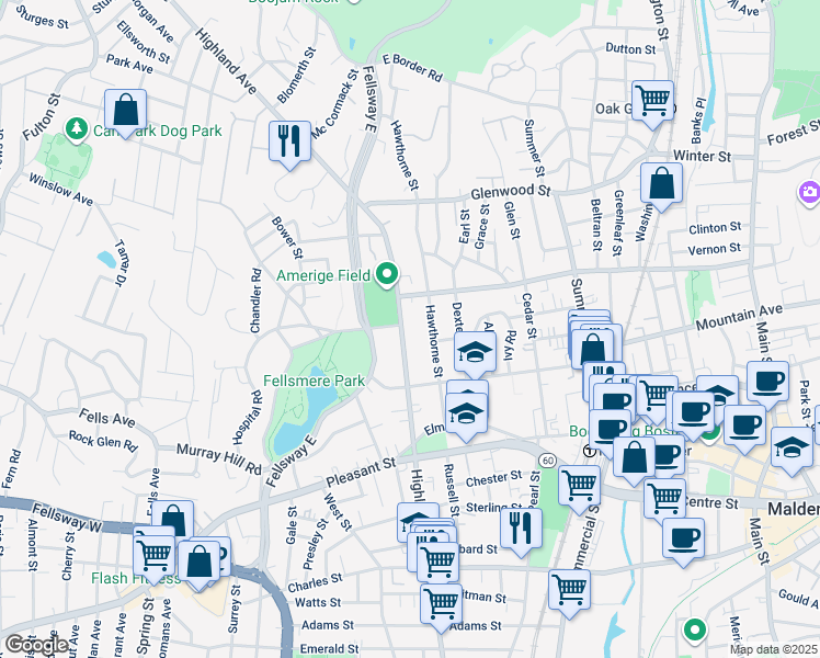 map of restaurants, bars, coffee shops, grocery stores, and more near 530 Highland Avenue in Malden