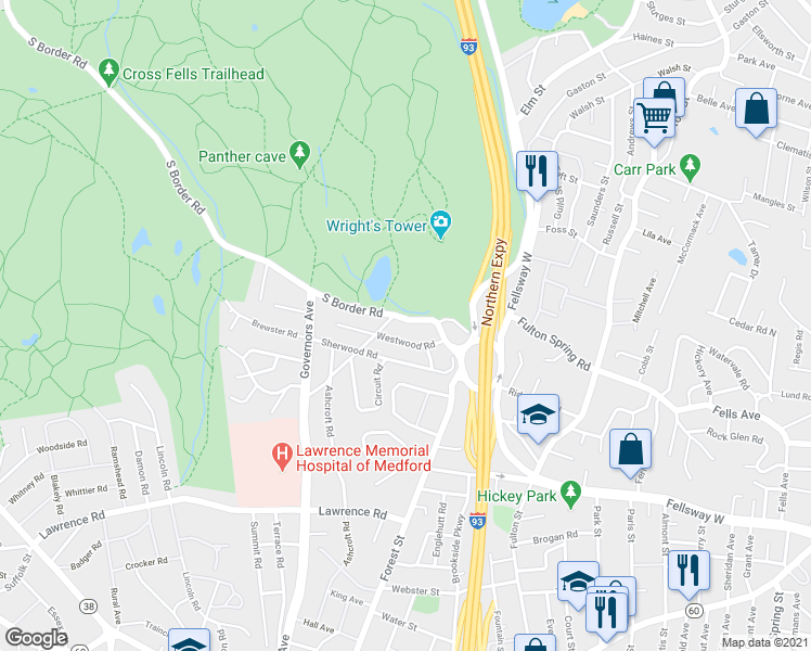 map of restaurants, bars, coffee shops, grocery stores, and more near 52 South Border Road in Medford
