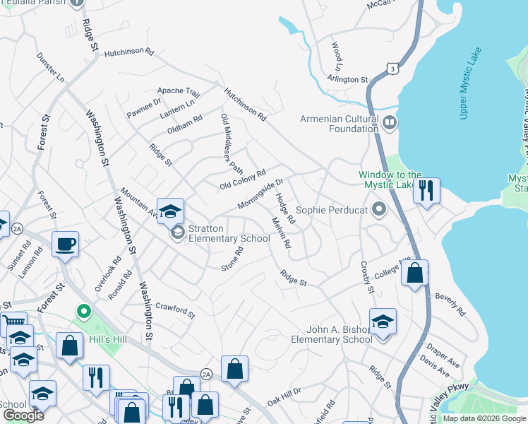 map of restaurants, bars, coffee shops, grocery stores, and more near 20 Melvin Road in Arlington