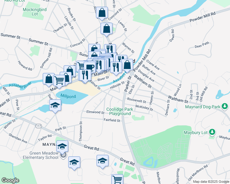 map of restaurants, bars, coffee shops, grocery stores, and more near 5 Summit Street in Maynard