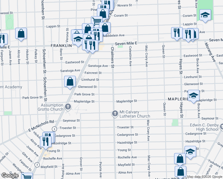 map of restaurants, bars, coffee shops, grocery stores, and more near 14282 Glenwood Street in Detroit