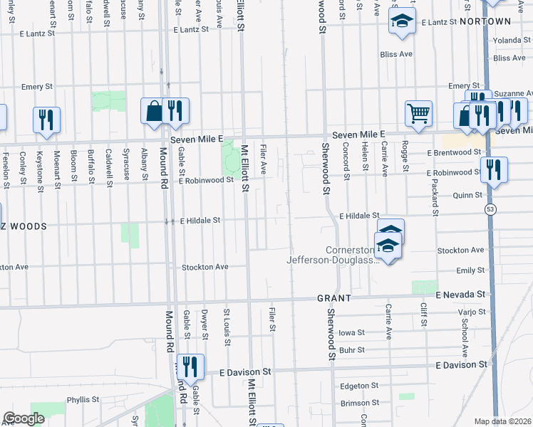 map of restaurants, bars, coffee shops, grocery stores, and more near 18626 Filer Avenue in Detroit