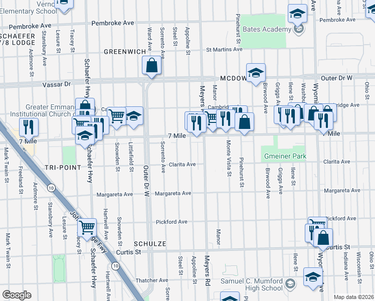 map of restaurants, bars, coffee shops, grocery stores, and more near 18975 Appoline Avenue in Detroit