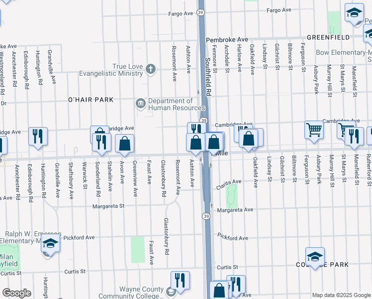 map of restaurants, bars, coffee shops, grocery stores, and more near in Detroit