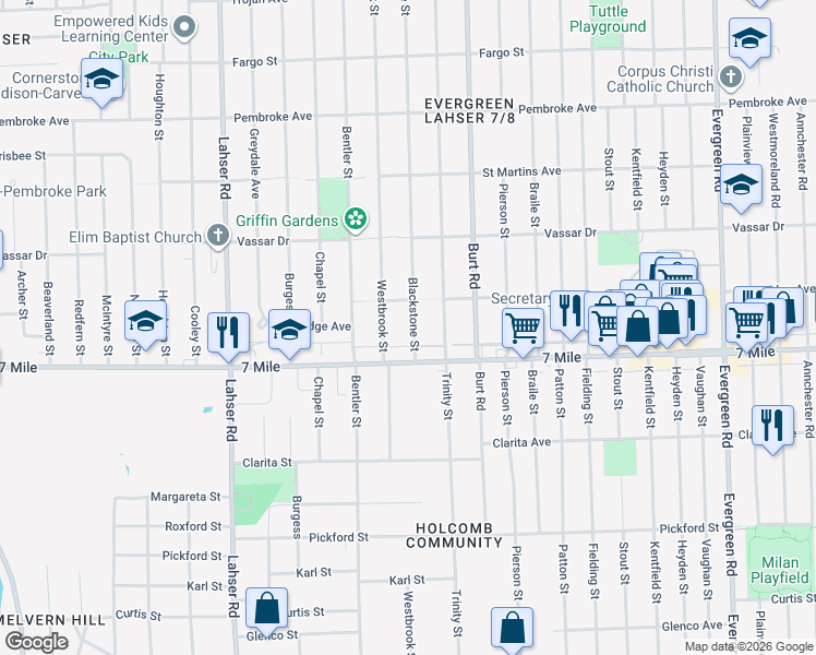 map of restaurants, bars, coffee shops, grocery stores, and more near 19177 Blackstone Street in Detroit