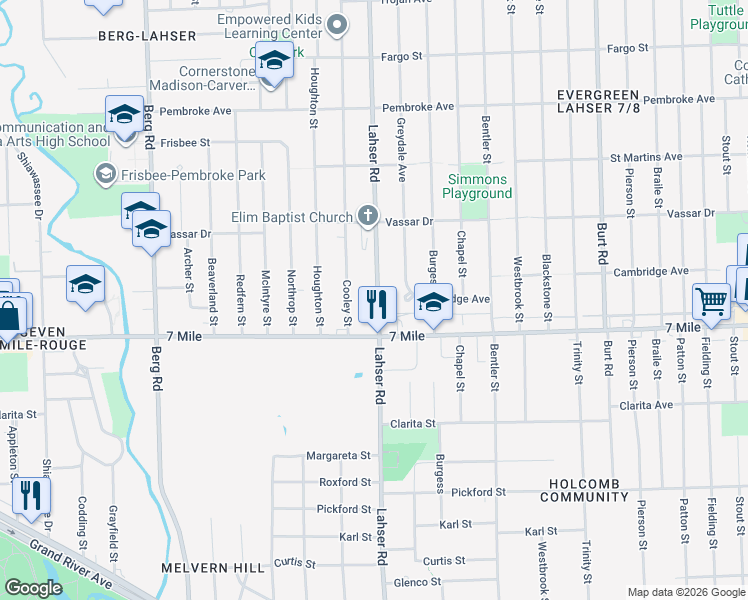 map of restaurants, bars, coffee shops, grocery stores, and more near 19199 Lahser Road in Detroit