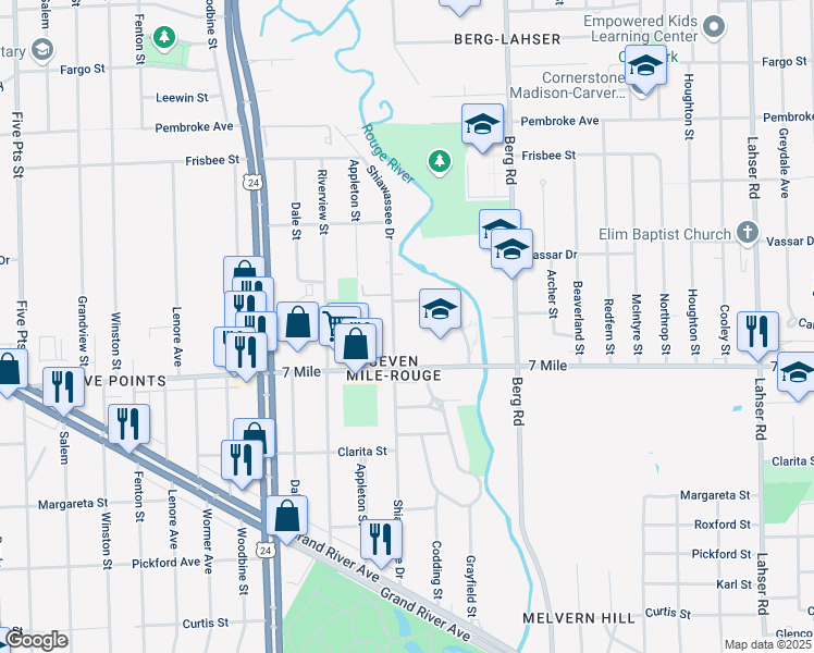 map of restaurants, bars, coffee shops, grocery stores, and more near 19200 Shiawassee Drive in Detroit