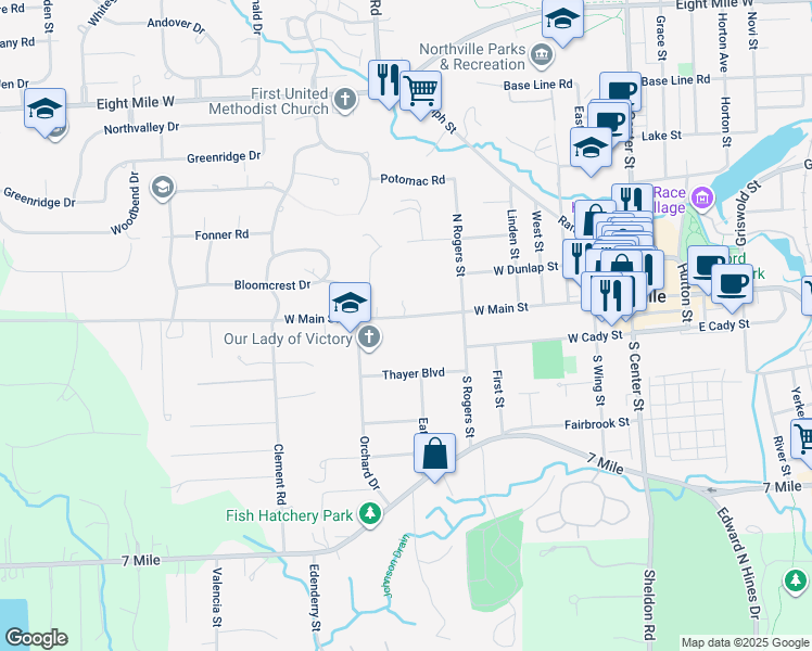 map of restaurants, bars, coffee shops, grocery stores, and more near 661 West Main Street in Northville