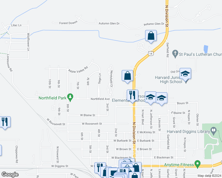 map of restaurants, bars, coffee shops, grocery stores, and more near 1410 Northfield Court in Harvard