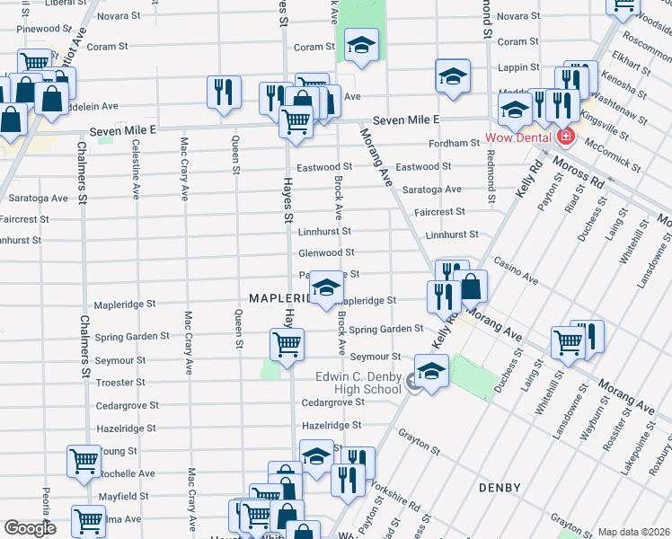 map of restaurants, bars, coffee shops, grocery stores, and more near 15315 Park Grove Street in Detroit