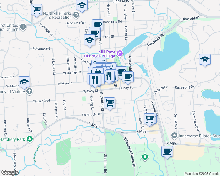 map of restaurants, bars, coffee shops, grocery stores, and more near 132 Mary Alexander Court in Northville