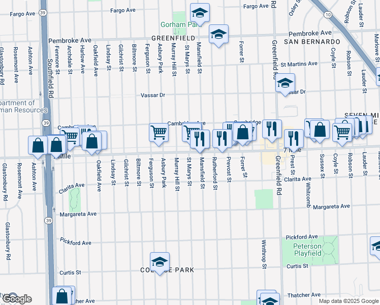 map of restaurants, bars, coffee shops, grocery stores, and more near W 7 Mile Rd & St Marys St in Detroit