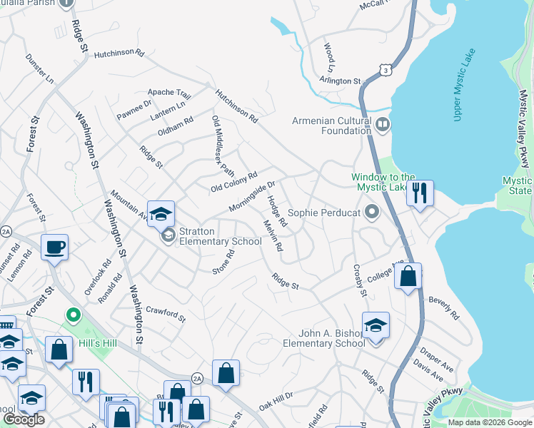 map of restaurants, bars, coffee shops, grocery stores, and more near 20 Melvin Road in Arlington
