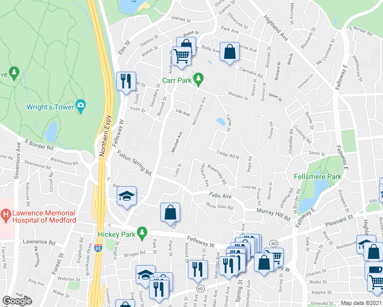 map of restaurants, bars, coffee shops, grocery stores, and more near 127 Watervale Road in Medford