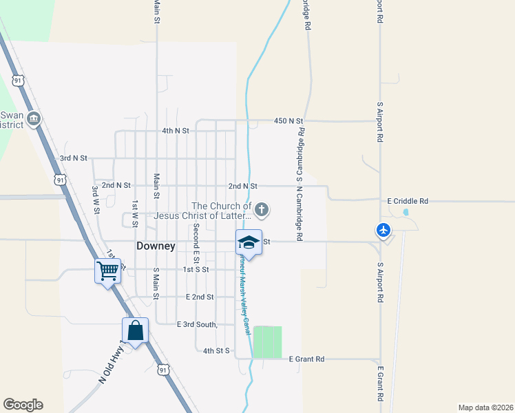 map of restaurants, bars, coffee shops, grocery stores, and more near 525 East 1st North in Downey