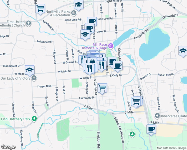 map of restaurants, bars, coffee shops, grocery stores, and more near in Northville