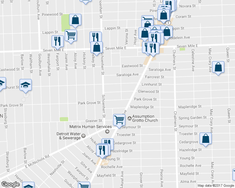 map of restaurants, bars, coffee shops, grocery stores, and more near 13692 Glenwood Street in Detroit