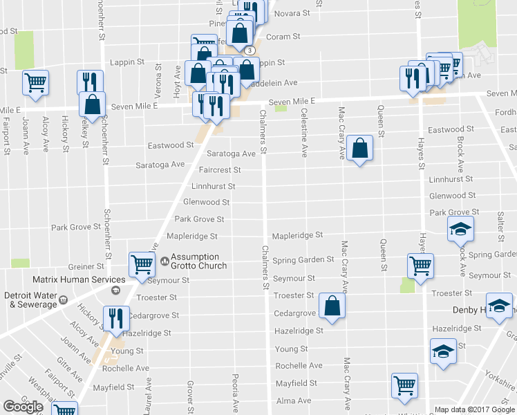 map of restaurants, bars, coffee shops, grocery stores, and more near 14282 Glenwood Street in Detroit