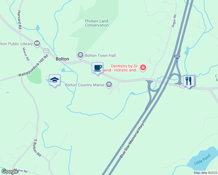 map of restaurants, bars, coffee shops, grocery stores, and more near 600 Massachusetts 117 in Bolton