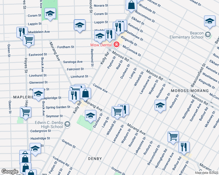 map of restaurants, bars, coffee shops, grocery stores, and more near 12644 Riad Street in Detroit