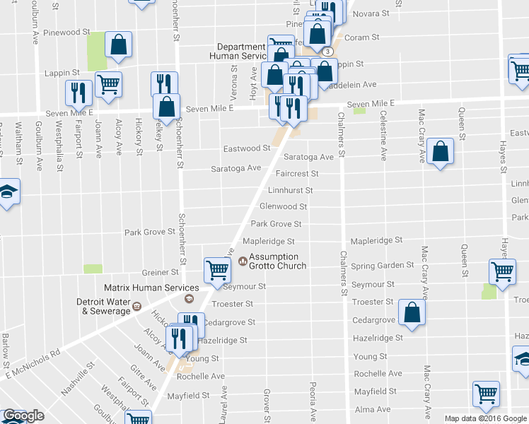 map of restaurants, bars, coffee shops, grocery stores, and more near 13978 Glenwood St in Detroit