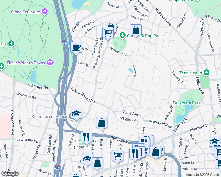 map of restaurants, bars, coffee shops, grocery stores, and more near 127 Watervale Road in Medford