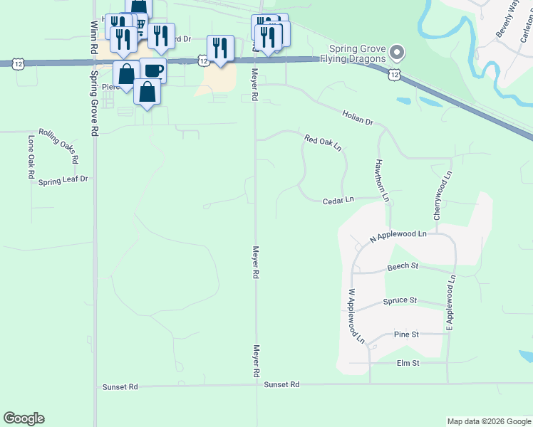 map of restaurants, bars, coffee shops, grocery stores, and more near 7369 English Oak Lane in Spring Grove