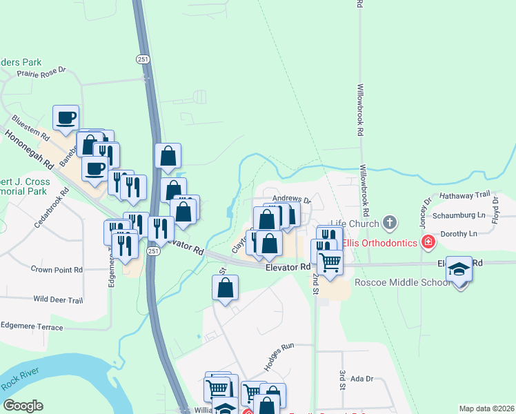 map of restaurants, bars, coffee shops, grocery stores, and more near 11691 Parkway Drive in Roscoe