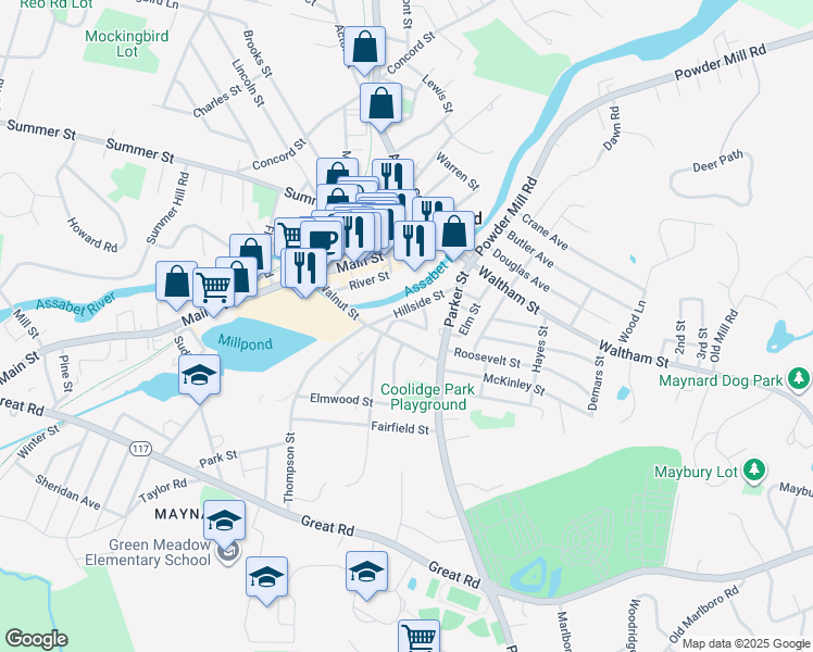 map of restaurants, bars, coffee shops, grocery stores, and more near 5 Summit Street in Maynard