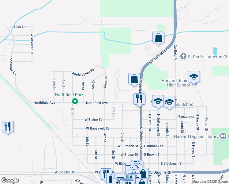 map of restaurants, bars, coffee shops, grocery stores, and more near 1410 Northfield Court in Harvard